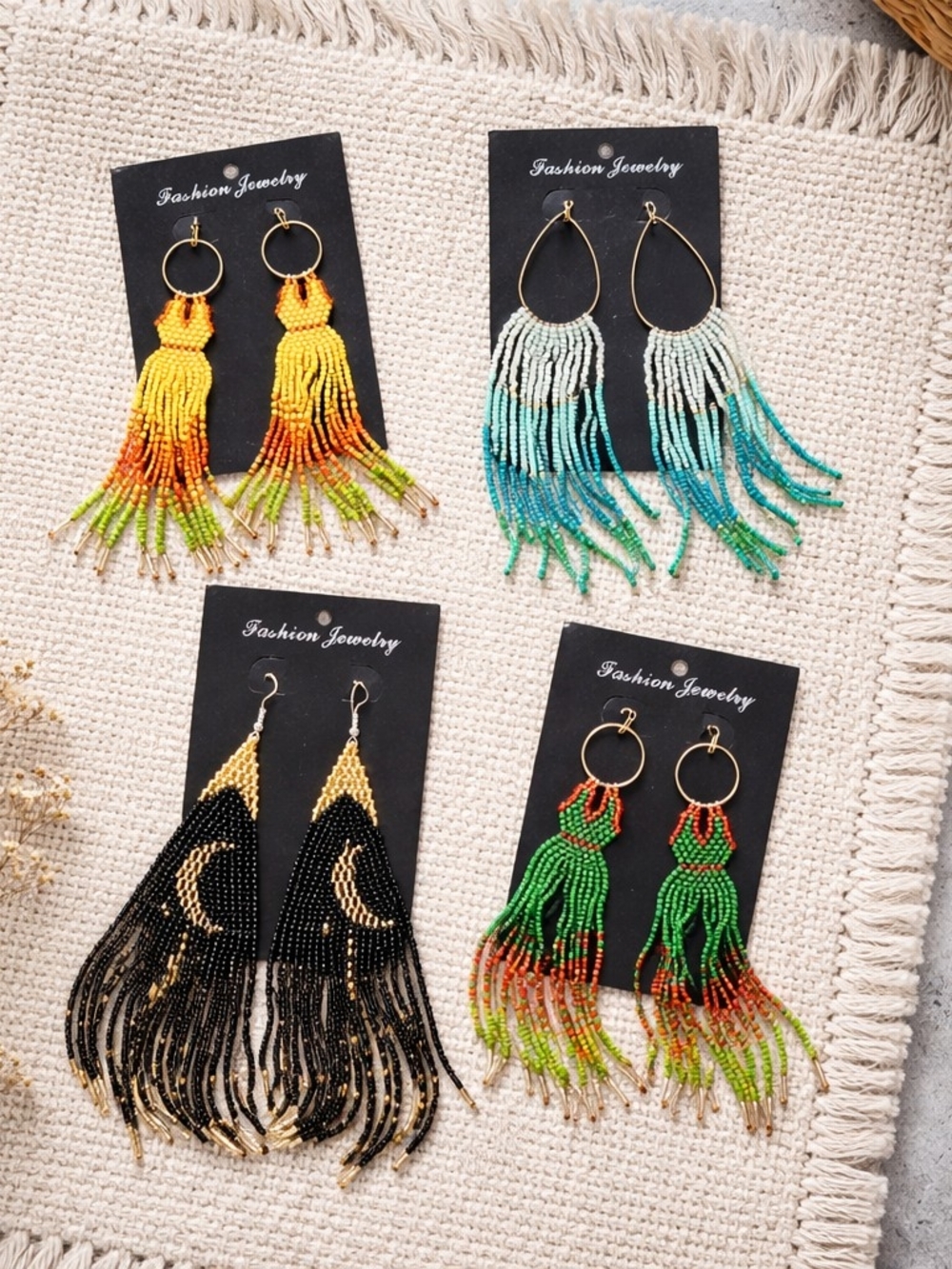 Fashion Jewelry Multicolor Beaded Fringe Hoop Earrings - Yellow/Green/Teal/Black